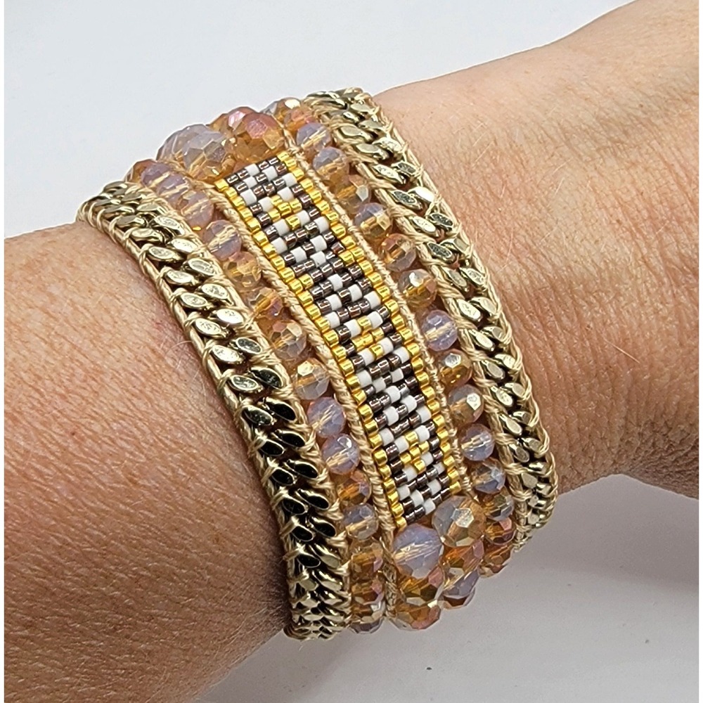 Teresa Lavoie Beaded Cuff Bracelet Gold Tone Crystal Chain Adjustable Boho Chic